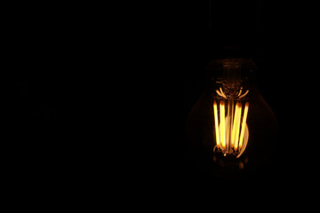 Classic Edison light bulb on black background with space for text