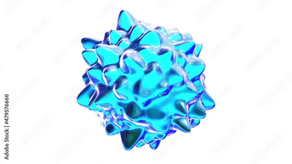 Poster realistic looping 3d animation of the abstract morphing liquid blue glass spiky form rendered in uhd