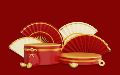 3d happy chinese new year podium display product on red background