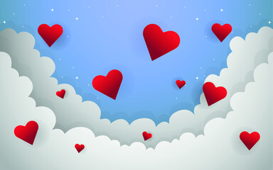 Vector red heart on blue sky background. valentine's day background.
