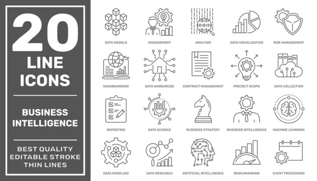 Set of business intelligence icons such as machine learning, data modeling, visualization, risk management and more different. High quality. Editable stroke. EPS10
