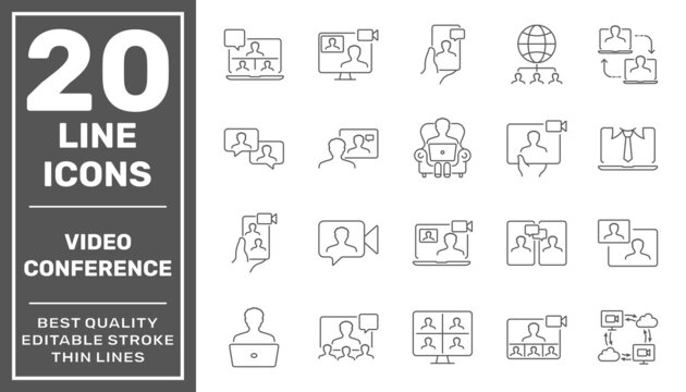 Set of online meeting icons, work form home, social distancing, video conference, content creator. Editable Stroke