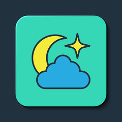 Filled outline Moon and stars icon isolated on blue background. Cloudy night sign. Sleep dreams symbol. Full moon. Night or bed time sign. Turquoise square button. Vector