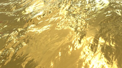 Golden, rough surface with sun glare. Golden background. Liquid gold.