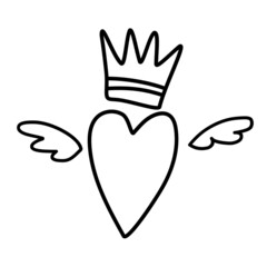 Heart with wings and crown. Drawn by hand, sketch, doodle.  Illustration isolated on white background. Symbol of love, romance, Valentine's Day.  Cute vector illustration.