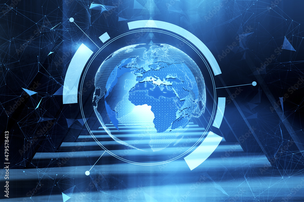 Poster abstract hall interior with glowing digital polygonal globe on blurry blue background. technology, i