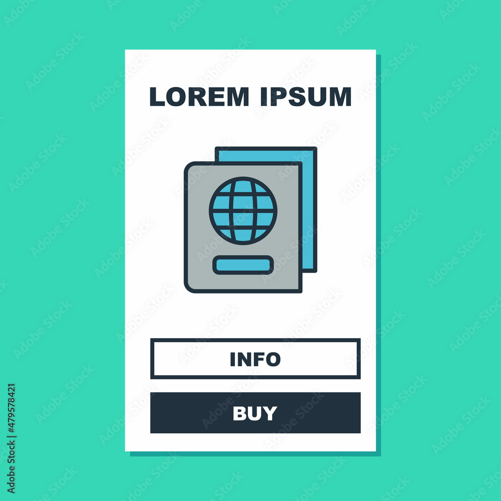 Poster filled outline passport with biometric data icon isolated on turquoise background. identification do