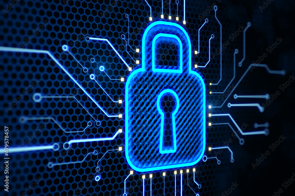 Poster abstract glowing blue padlock circuit hologram on dark background. internet, information and safety 