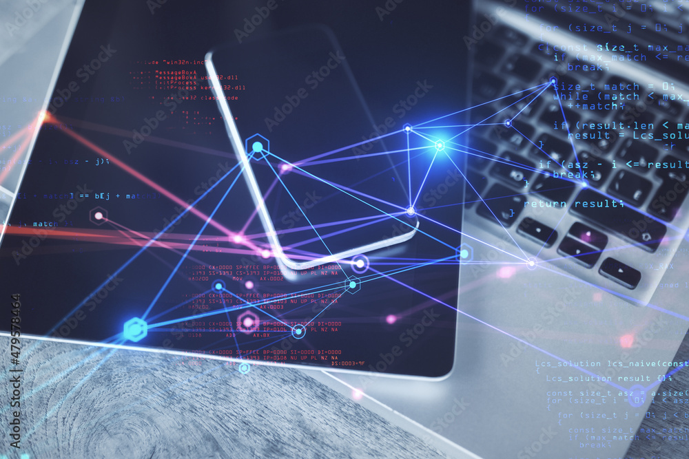 Poster Top view of devices with abstract coding interface with glowing digital lines on blurry desktop background. Information, technology, network and security concept. Double exposure.