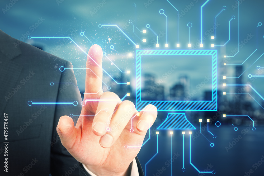 Poster Close up of male hand pointing at abstract glowing computer monitor chip and circuit hologram on blurry night city background. Technology, information and internet concept. Double exposure.