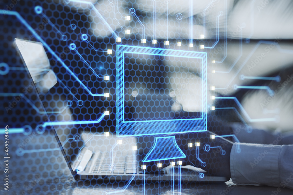 Poster Close up of businessman hands using laptop with abstract glowing computer monitor chip and circuit hologram on blurry outdoor background. Technology, information and internet concept. Double exposure.