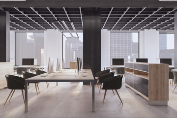 Modern concrete and wooden coworking office interior with window and city view, empty computer screens, equipment, furniture and daylight. 3D Rendering.