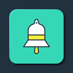 Filled outline Train station bell icon isolated on blue background. Turquoise square button. Vector