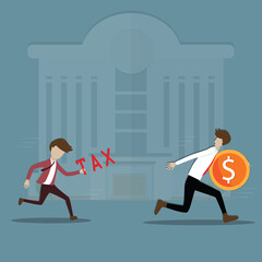 Flat of business finance,Young man holding a coin ran away from man who carrying the word tax - vector
