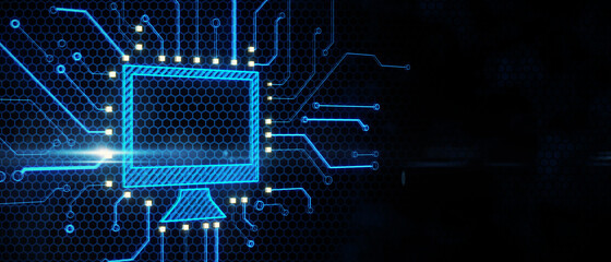 Abstract glowing computer monitor chip and circuit hologram on dark background with mock up place. Technology, information and internet concept. 3D Rendering.