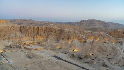 Aerial view of the funerary temple of Pharaoh's Queen Hatshepsut. The ancient building is...