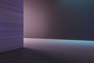 Abstract spacious concrete interior with daylight and empty mock up place on wooden wall panel. Gallery and nobody concept. 3D Rendering.