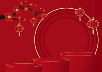 Podium round stage Chinese style, for Chinese new year and festivals. Happy Chinese new year 2022. Chinese new year banner with circle for show product. Greeting card. China frame with lantern on red.