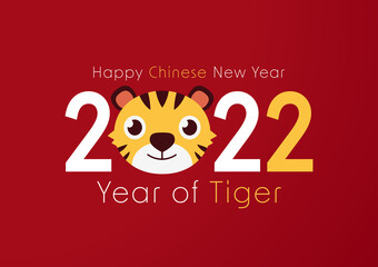 Happy Chinese New Year 2022 festive design with cartoon tiger face and striped year digits on red background. Chinese translation Year of the tiger. Cute tiger face.