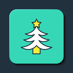 Filled outline Christmas tree icon isolated on blue background. Merry Christmas and Happy New Year. Turquoise square button. Vector