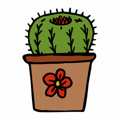 Stylish cacti in flower pot on white background. Doodle style. Vector image.