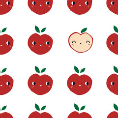 A pattern with red apples with eyes. Cute fruit background for kids design. Vector Scandinavian style