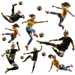 Collage made of professional female football soccer players with ball in motion, action isolated on...