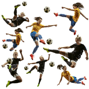 Collage made of professional female football soccer players with ball in motion, action isolated on white studio background.