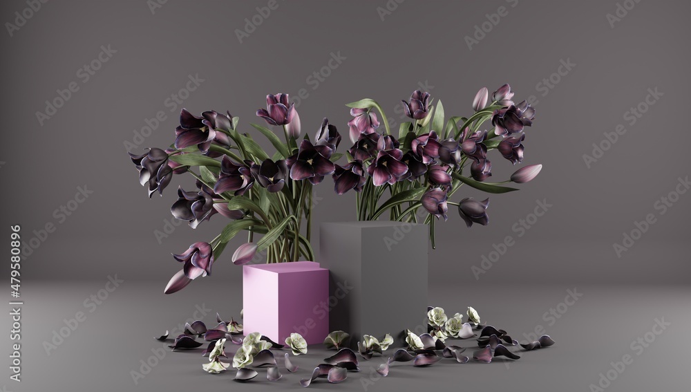 Poster 3d rendering flower background with geometric shape podium for product display, minimal concept, pre