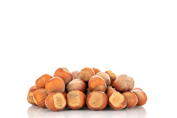 Several organic hazelnuts, close-up, isolated on white.