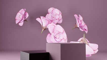 3D rendering flower background with geometric shape podium for product display, minimal concept, Premium illustration pastel floral elements, beauty, cosmetic.