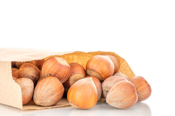 Several organic hazelnuts in a paper bag, close-up, isolated on white.