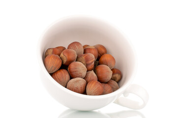Several organic hazelnuts in a white ceramic cup, close-up, isolated on white.