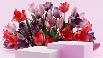 3D rendering flower background with geometric shape podium for product display, minimal concept,...