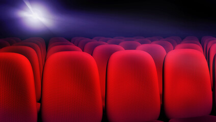 Cinema theater seats in front of the projection light. A 3D rendering template, ideal as an actor interview background, with green screen