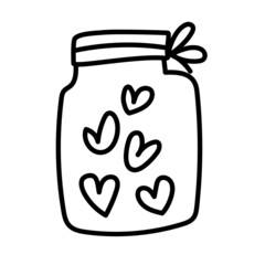 Outline of a jar with hearts. Hand-drawn, sketch, doodle. Illustration isolated on white background. Symbol of love, romance, Valentine's Day. Cute vector illustration.