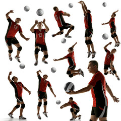Set of images of professional male volleyball player with ball in motion, action isolated on white...