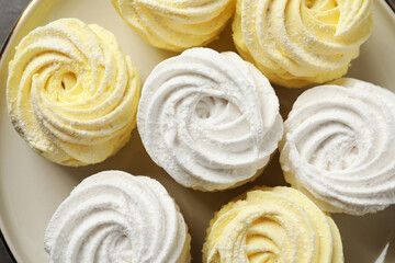 Many different delicious zephyrs on plate, top view