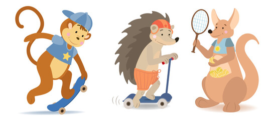 A monkey in a cap rides a skateboard. A hedgehog in a helmet rides a scooter. Kangaroo tennis player with a tennis racket and tennis balls.