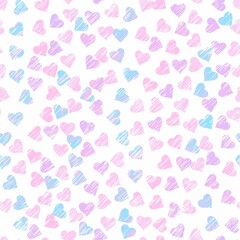 Delicate seamless abstract pattern of pink, blue and lilac hearts with multicolored strokes.
