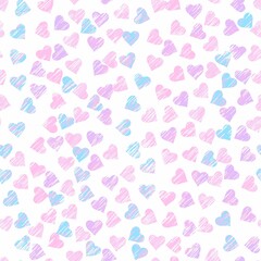 Delicate seamless abstract pattern of pink, blue and lilac hearts with multicolored strokes.