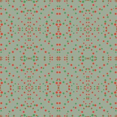 Seamless geometric pattern. Ethnic style. Simple background with green, red dots. Grey background. Illustration. Symmetrical ornament. Design for textiles, wrapping paper, background, wallpaper, cover