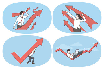 Business success and development concept. Set of business people looking ahead with developing work strategy enjoying development trying hard to save business vector illustration 