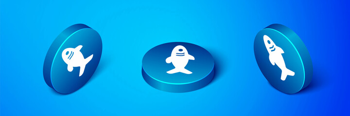 Isometric Shark icon isolated on blue background. Blue circle button. Vector