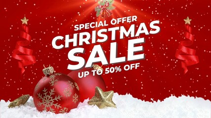 Fototapeta na wymiar Christmas sale up to 50% promotion banner with red background. 