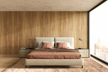 Modern scandinavian and Japandi style bedroom interior design with bed terracotta color, wood panels on wall and floor. 3d render illustration. © Viktoria Kovalchuk
