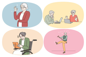 Life situations of pensioners concept. Set of mature people grandparents showing ok sign playing with stick learning online chat and laptop and feeling lonely looking at photo vector illustration