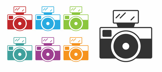 Black Photo camera with lighting flash icon isolated on white background. Foto camera. Digital photography. Set icons colorful. Vector