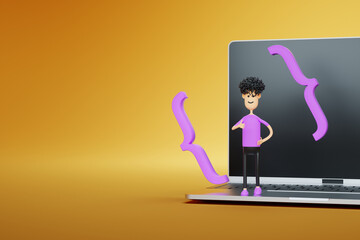 A cartoon character with elements of programming code is standing on a laptop. Programming school, online distance learning, video tutorials, E learning web banner. 3D illustration, 3D render