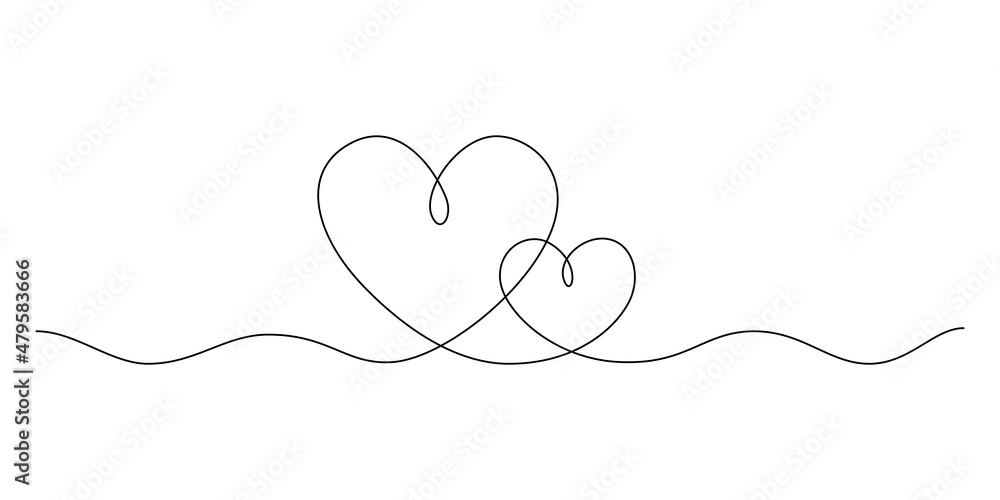 Wall mural one continuous drawing of two hearts and love signs. thin curls and romantic symbols in simple linea